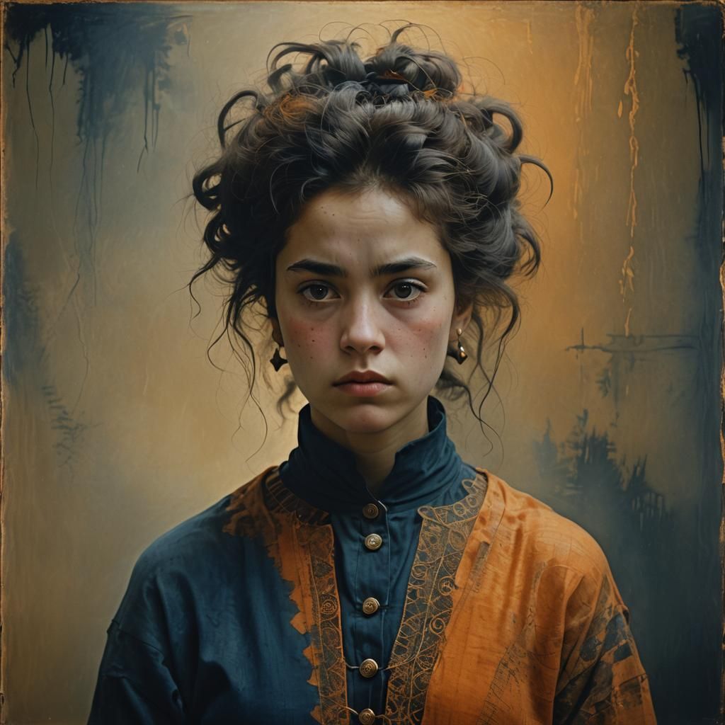 Disheveled Girl Portrait in Abstract Expressionist Style