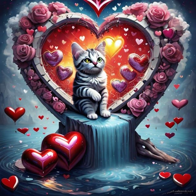 Adorable Kitten Surrounded by Hearts and Flames