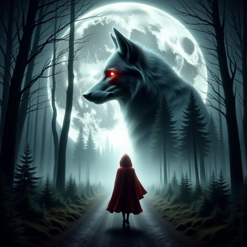 Little Red Riding Hood Walks Through a Haunting Fog-Shrouded...
