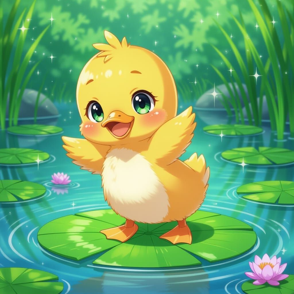 Anime Duckling's Happy Dance on Lilypad