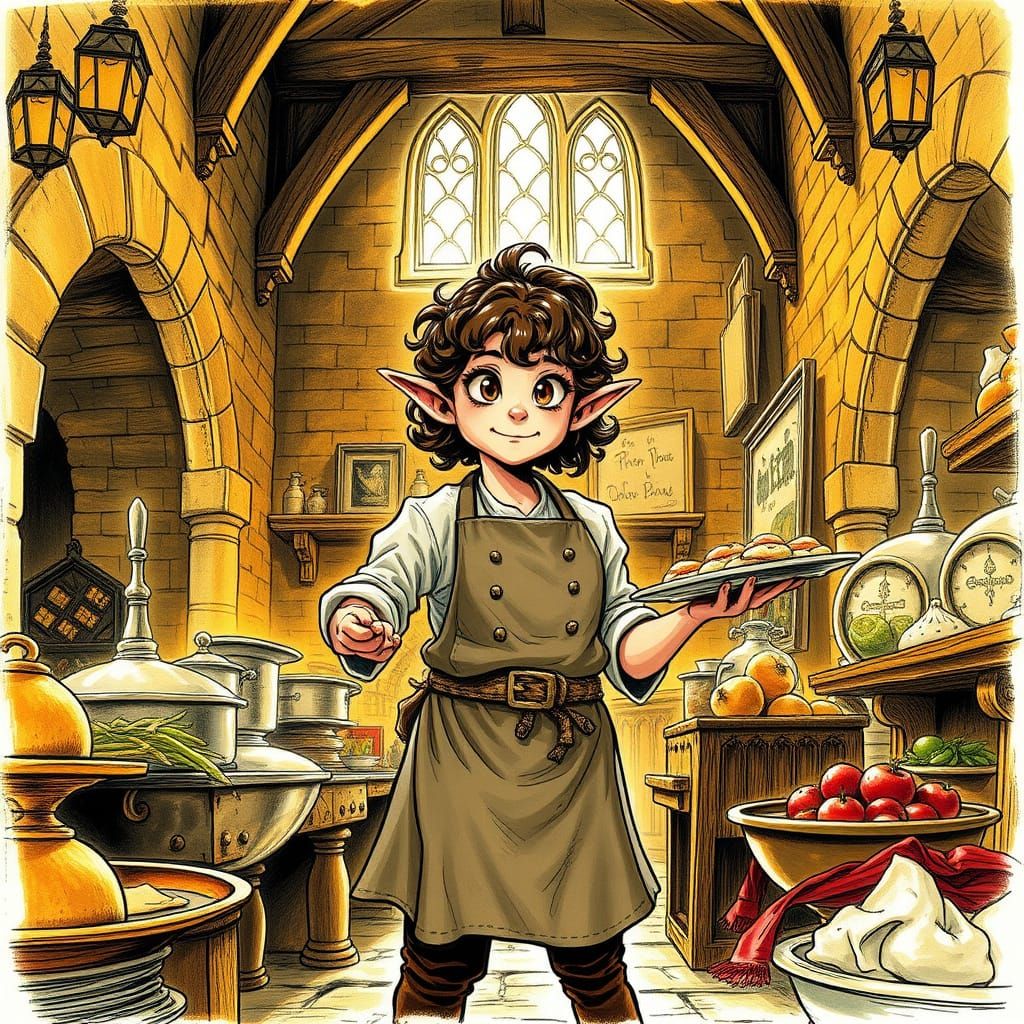 Medieval Kitchen Scene with Female Halfling Chef