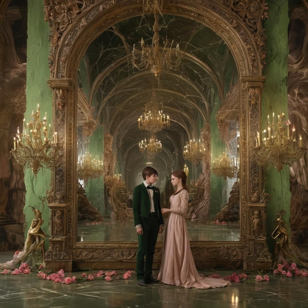 Ornate Mirror Reflects Teens in Rose Marble Cave