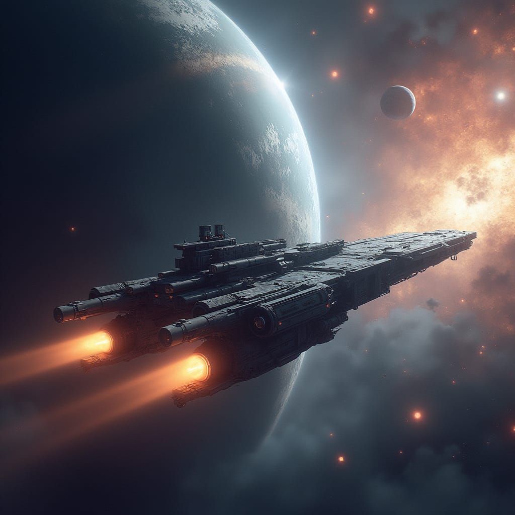 Spaceship Soaring Through Galactic Nebula