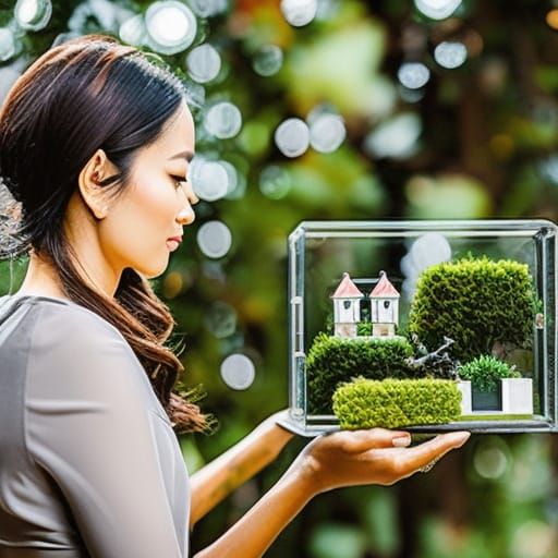 Woman Examines Miniature World in Glass Box