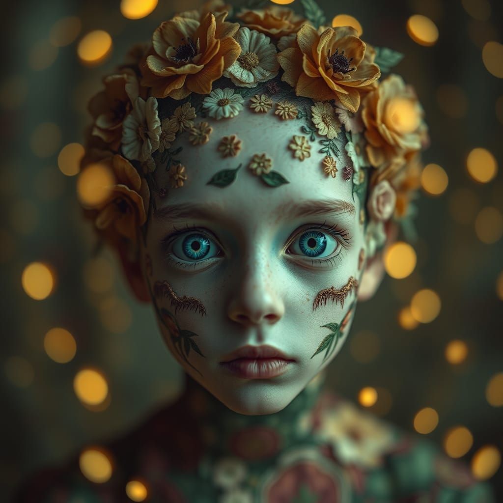 Ethereal Portrait with Floral Patterns and Bokeh Lights
