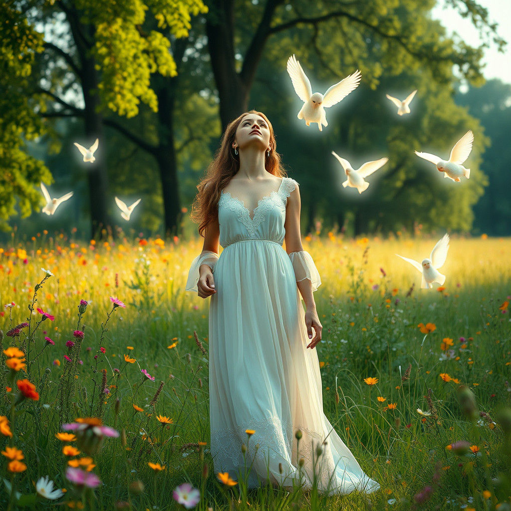 Angelic Woman in Meadow: A Pre-Raphaelite Vision