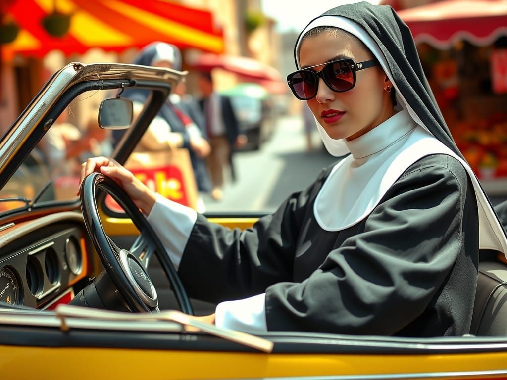 Fierce Nun Cruises French Village in Vintage Car