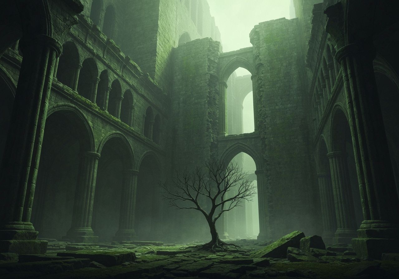 Eerie Ancient Ruin with Lone Tree in Painterly Style