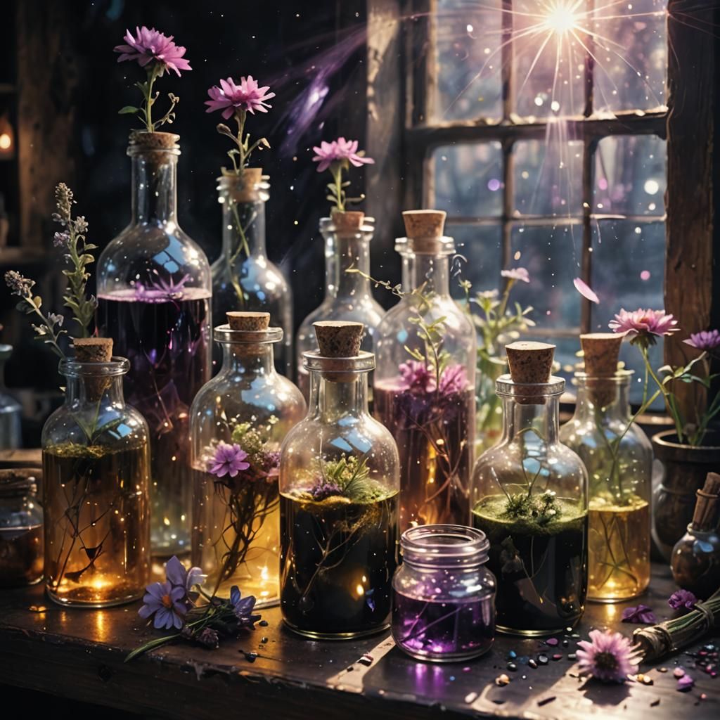 Alchemist Brewing Potion with Herbs and Magic