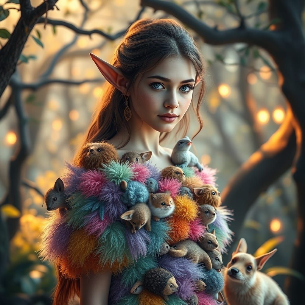 Elf Woman in Animal Dress, Hyperrealistic Forest