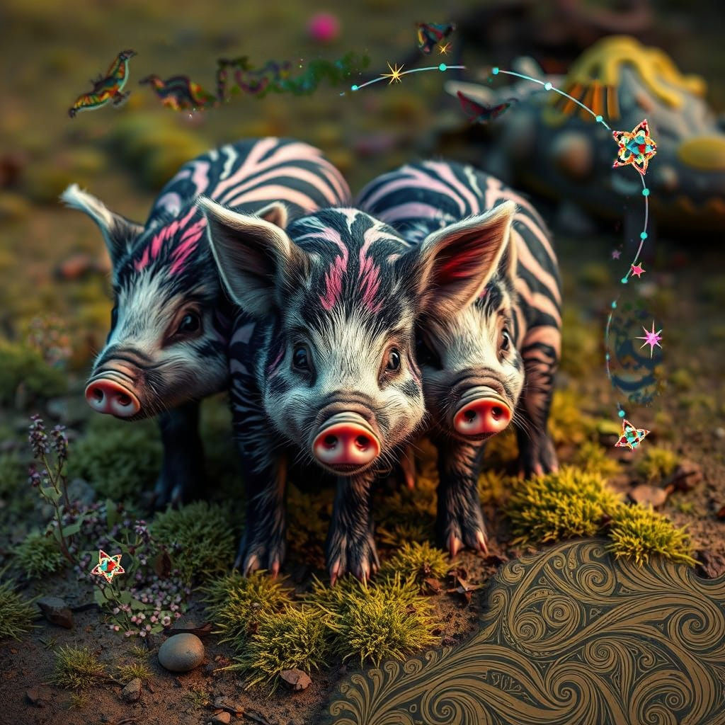 Striped Wild Boar Piglets in Fractal Forest