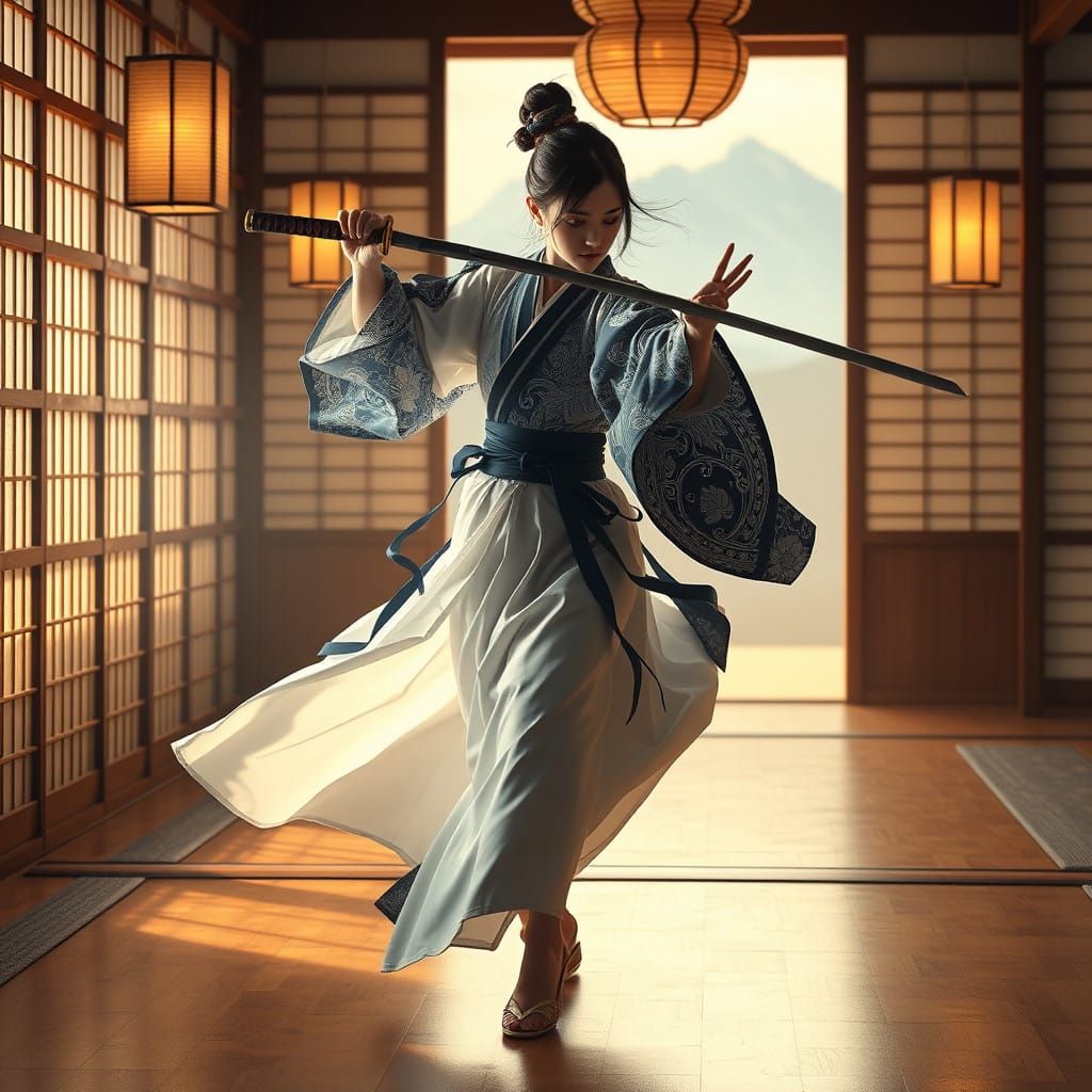 Japanese Swordswoman Dances in Traditional Dojo with Mystery...