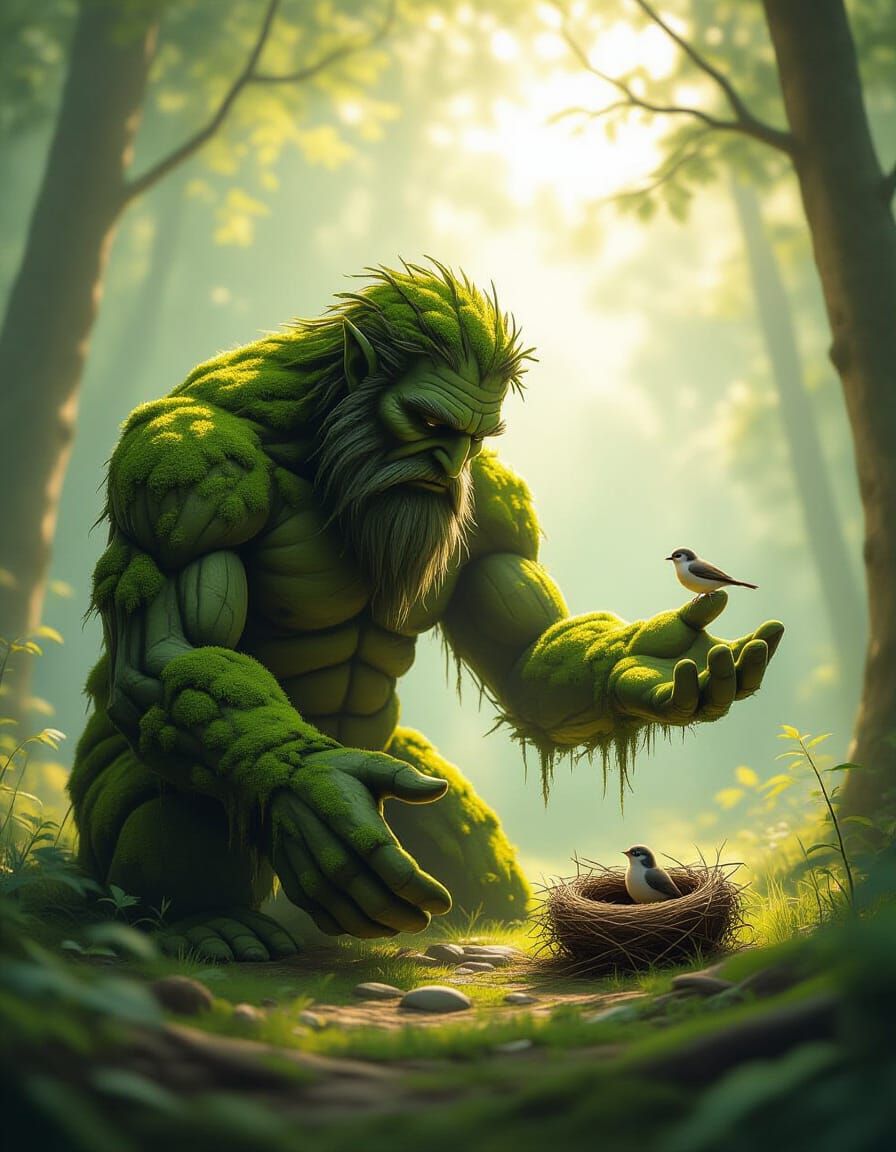 Moss Golem Helps Fallen Bird in Sun-Dappled Forest