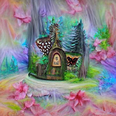 Butterfly Fairy House in Enchanted Forest, Mixed Media