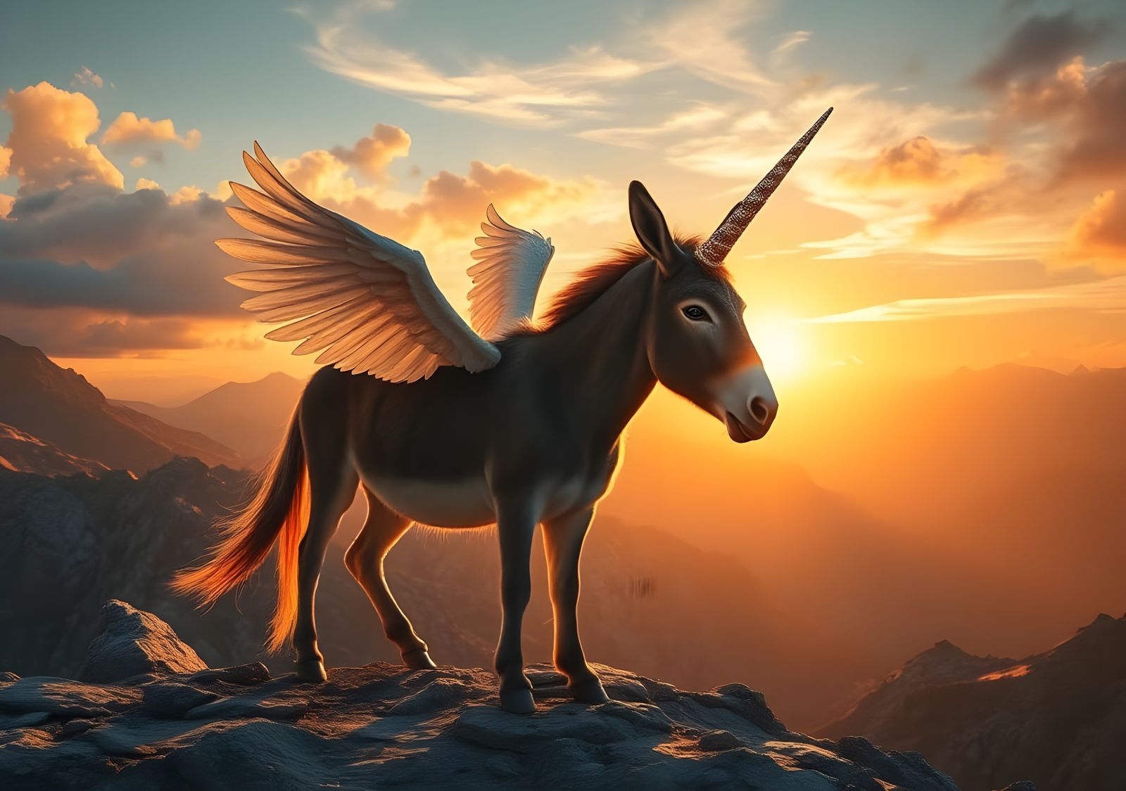 Ethereal Donkey soars through Sunset Mountainscape