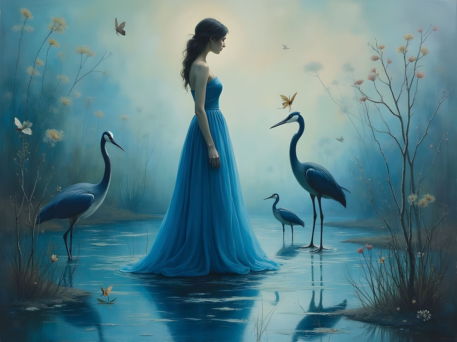 Surreal Woman in a Pond with Melting Herons