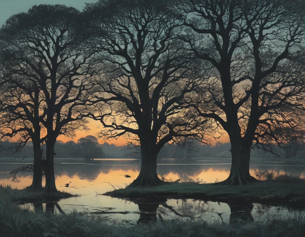 Monotype Landscape: Lake and Oak Trees at Dusk