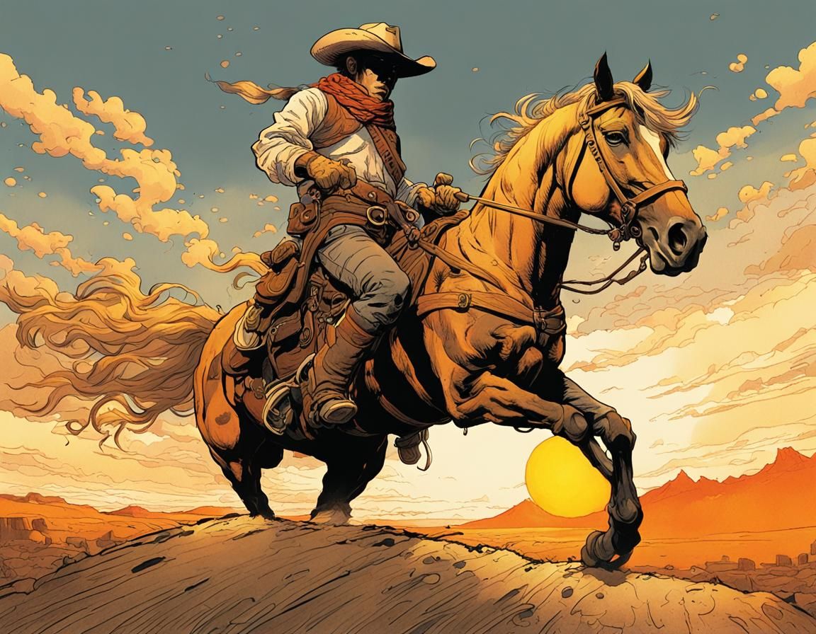 Cowboy at Sunset: Dynamic Ink Sketch in Anime Style