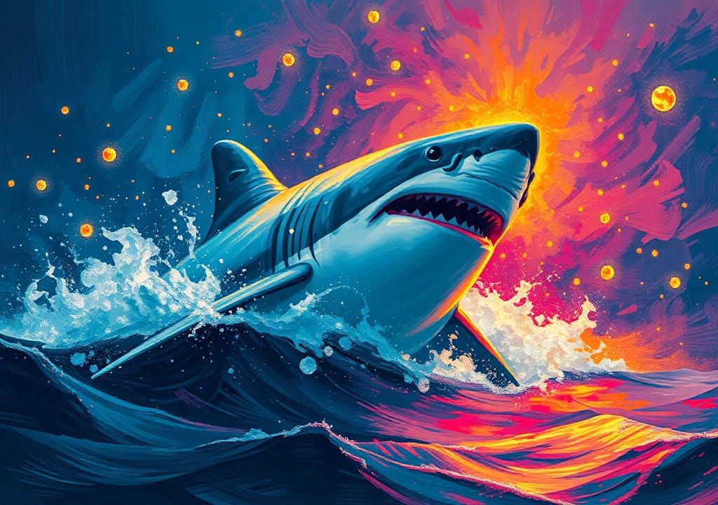 Great White Shark Breaching in Neon Bioluminescence