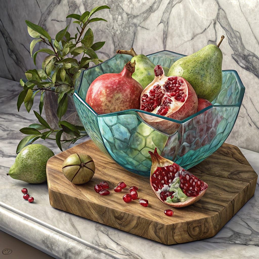 Whimsical Still Life with Pomegranates and Pears in Aqua Gla...