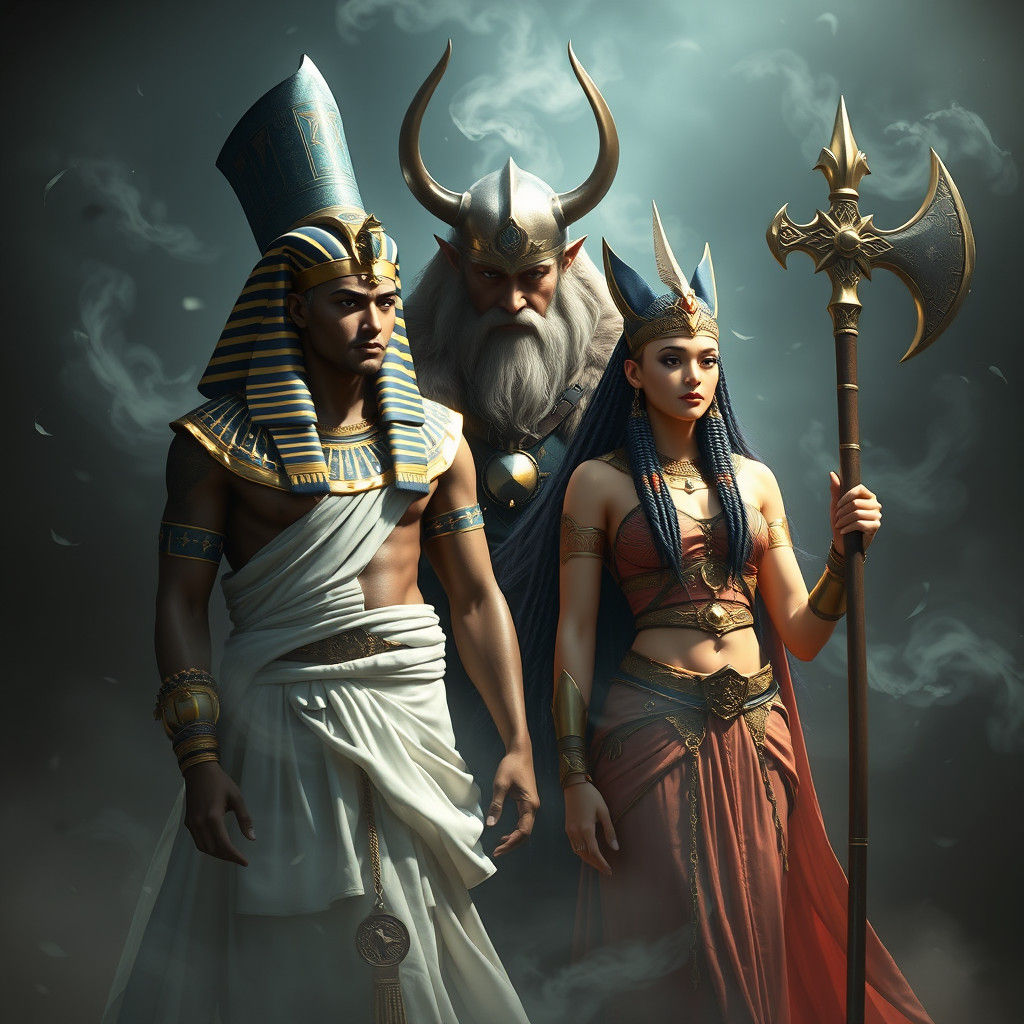 Egyptian Deities and Viking Warrior in Mystical Realm