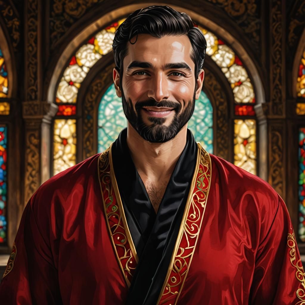 Smiling Man in Red Robe: Alcohol Ink Digital Art