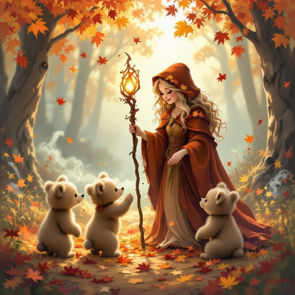 Bear Cubs Meet Autumn Enchantress in Enchanting Forest