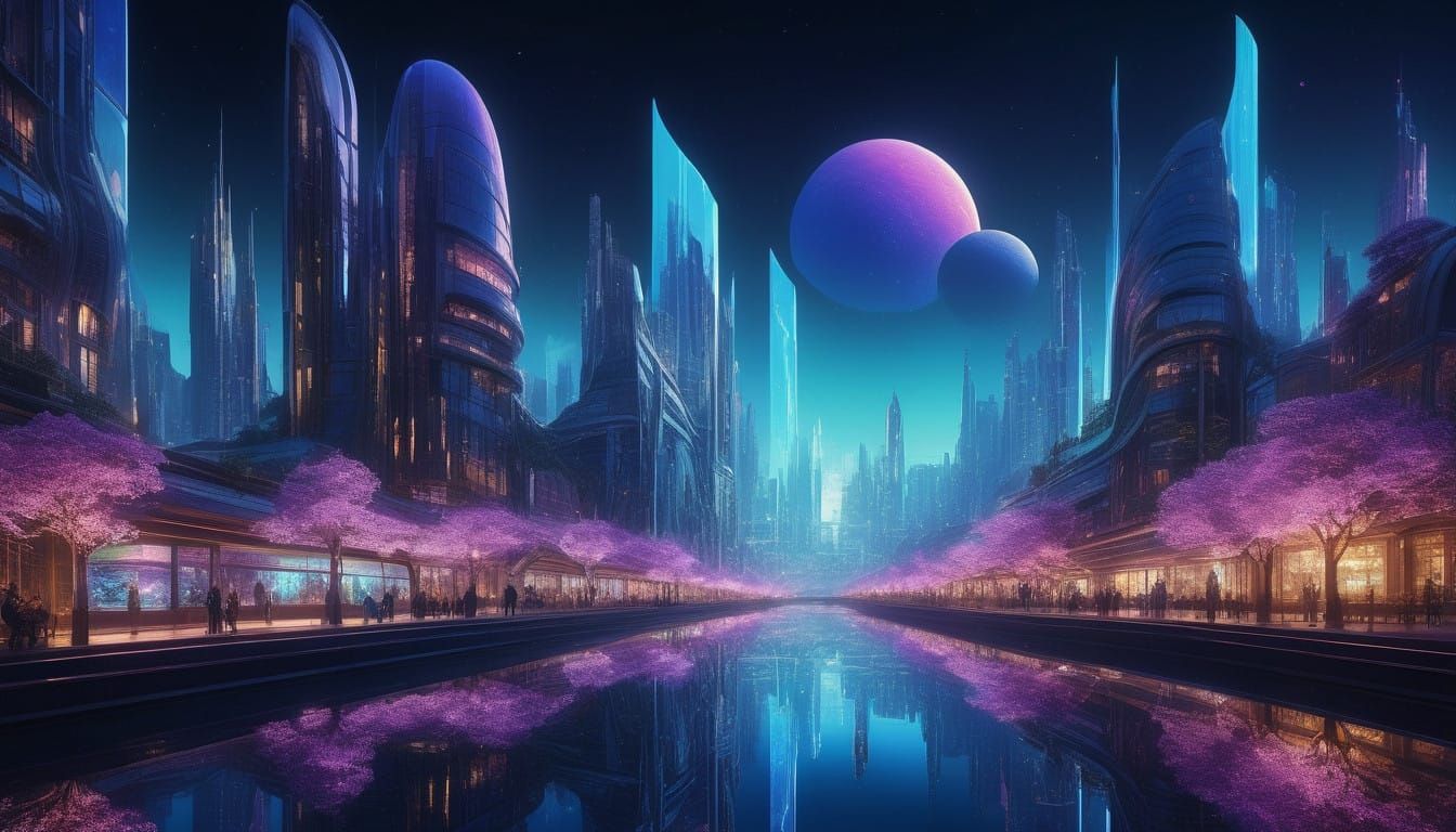 Ethereal Futuristic Cityscape with Iridescent Skyscrapers an...