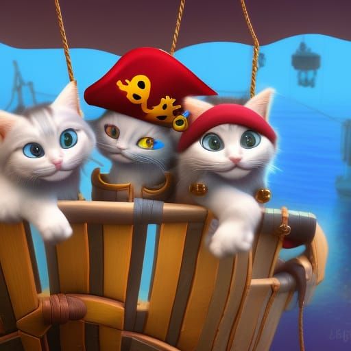 Cute Pirate Cats on Ship: 3D Digital Art