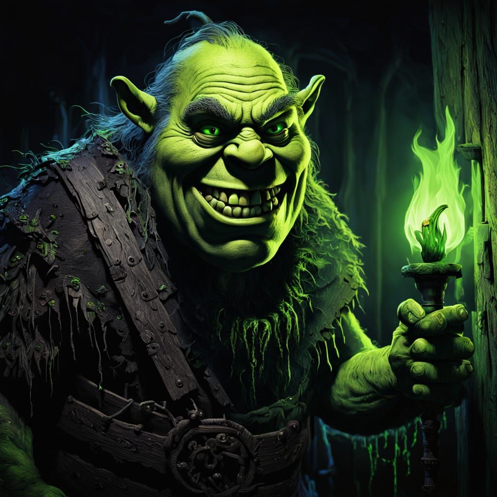 Shrek as Baba Yaga in Dark Fantasy Style