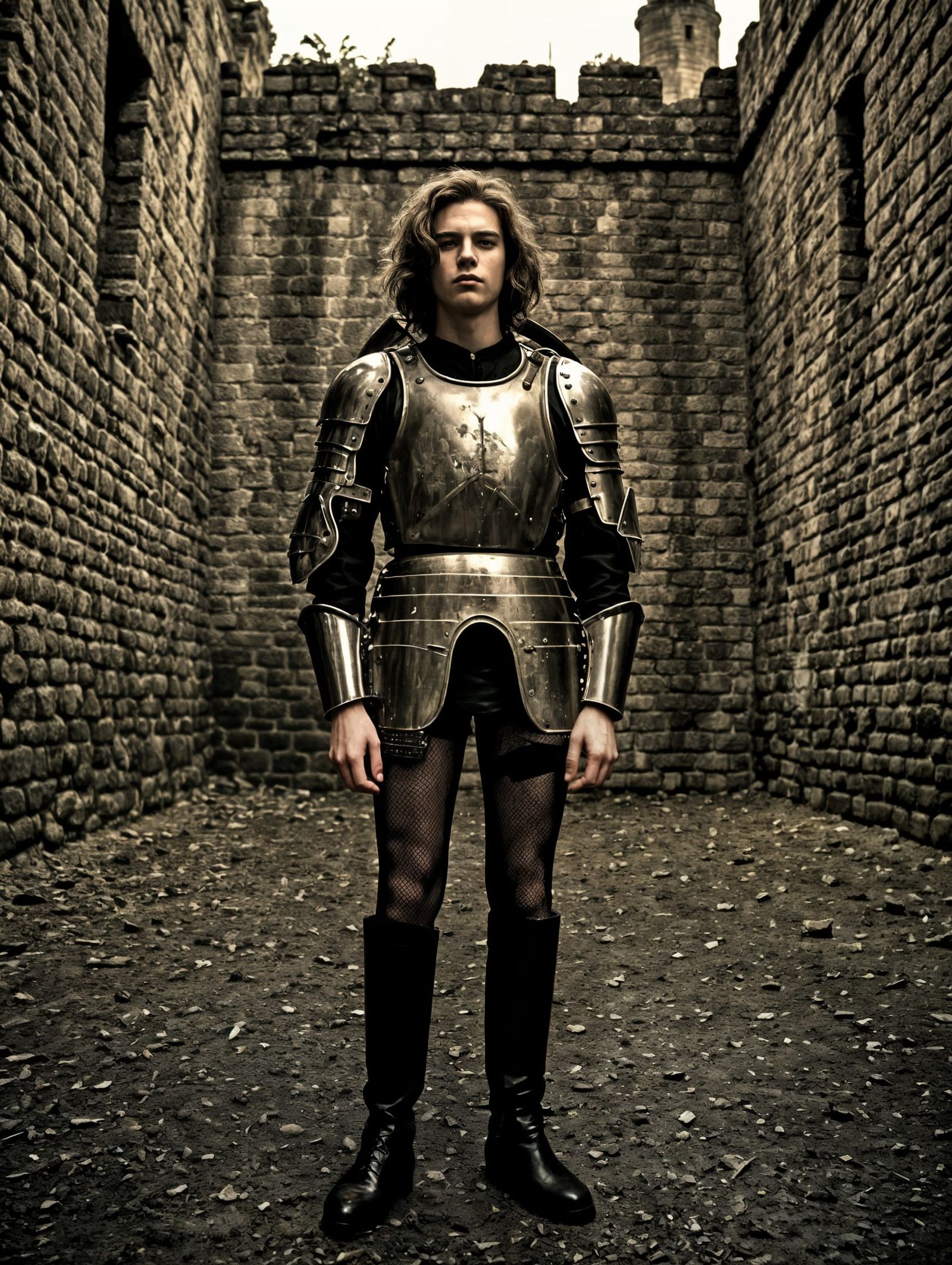 Moody Film Noir Portrait of a Young Knight in Medieval Castl...