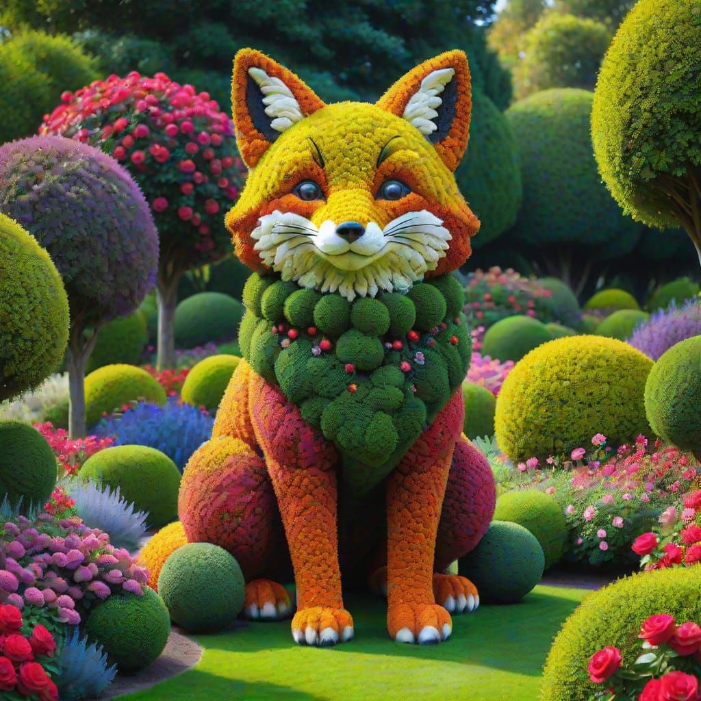 Vibrant Rose Garden Fox Topiary