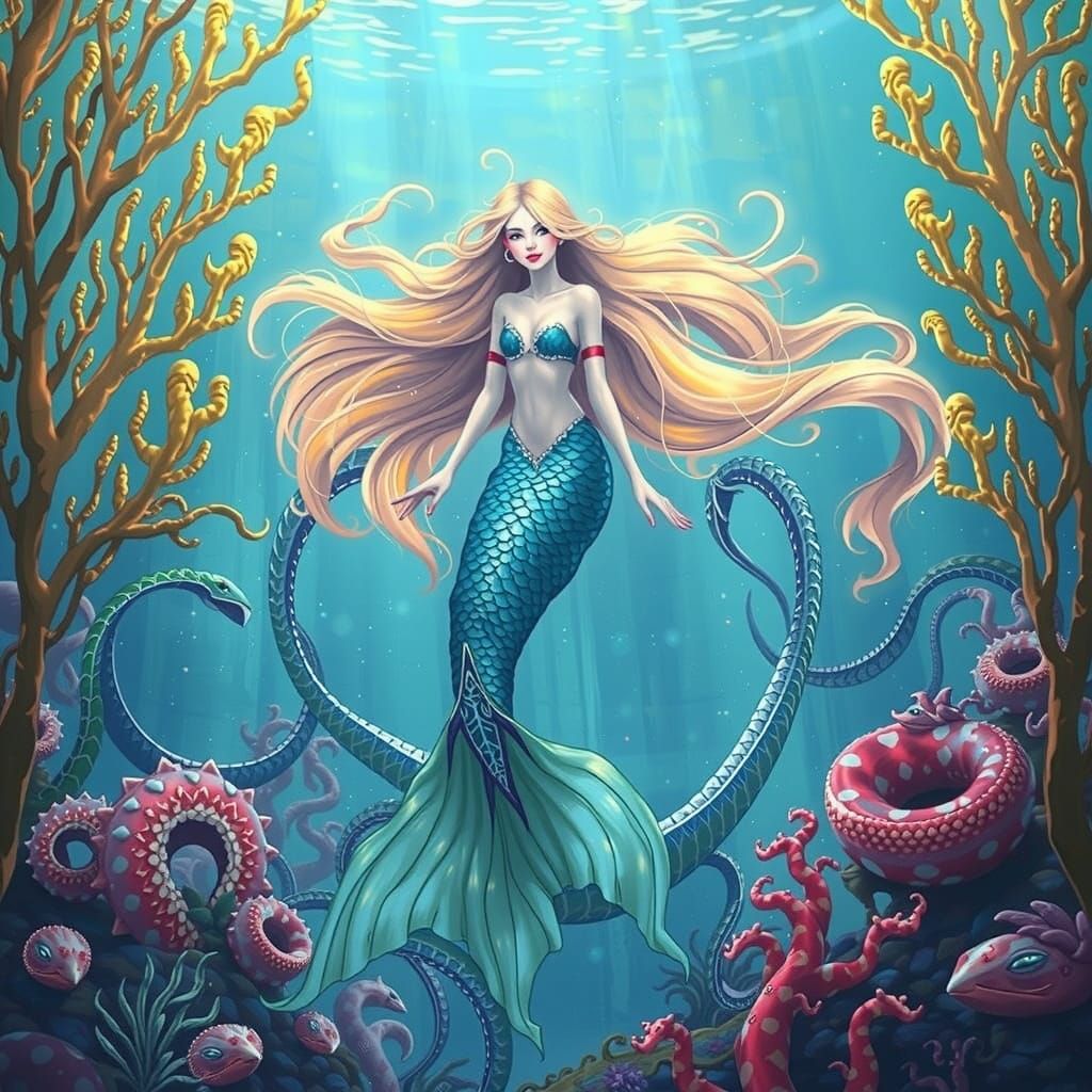 Elegant Mermaid with Sea Serpents, in Lush Colors