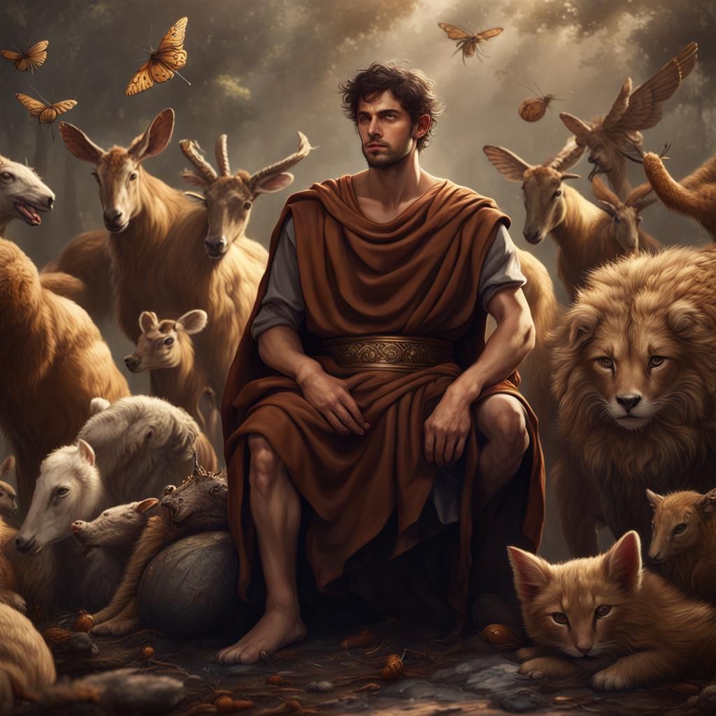Greek Man Surrounded by Animals in Detailed Matte Painting