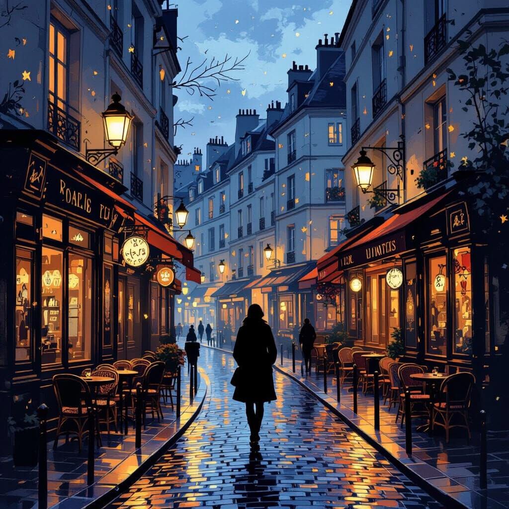 Whimsical Parisian Dusk Scene with Gold Accents