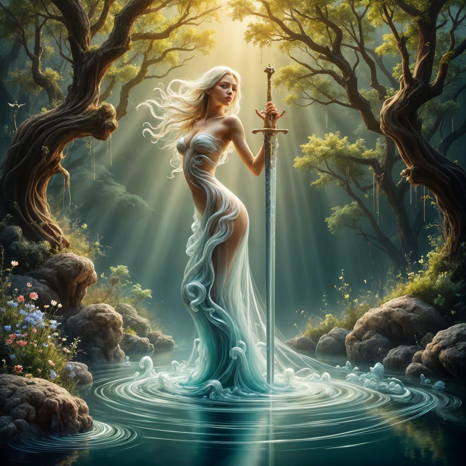 Ethereal Water Woman Offers Sword in Forest Pool