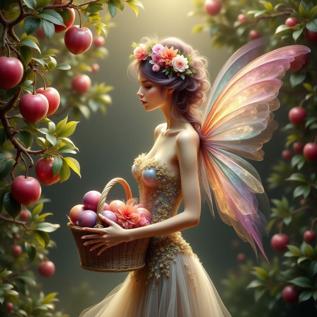 Whimsical Plum Fairy in a Lush Orchard