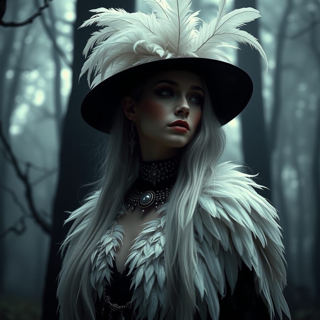 Gothic Woman in Dark Forest, Art Nouveau Style