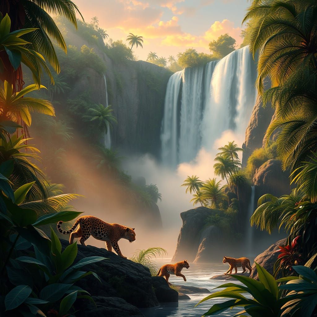 Majestic Jungle Waterfalls with Majestic Cats in Golden Twil...