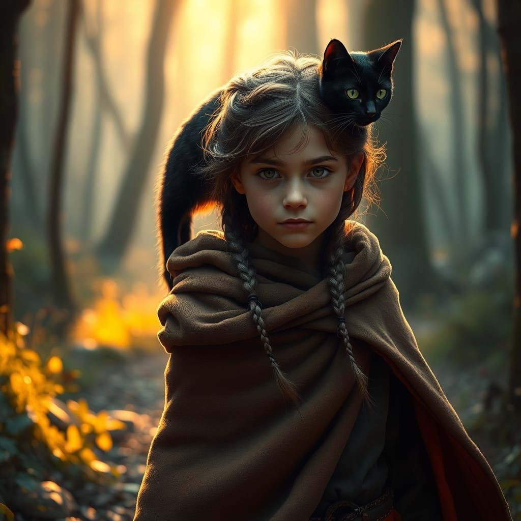 Girl Embarks on Mystical Forest Adventure with Feline Compan...