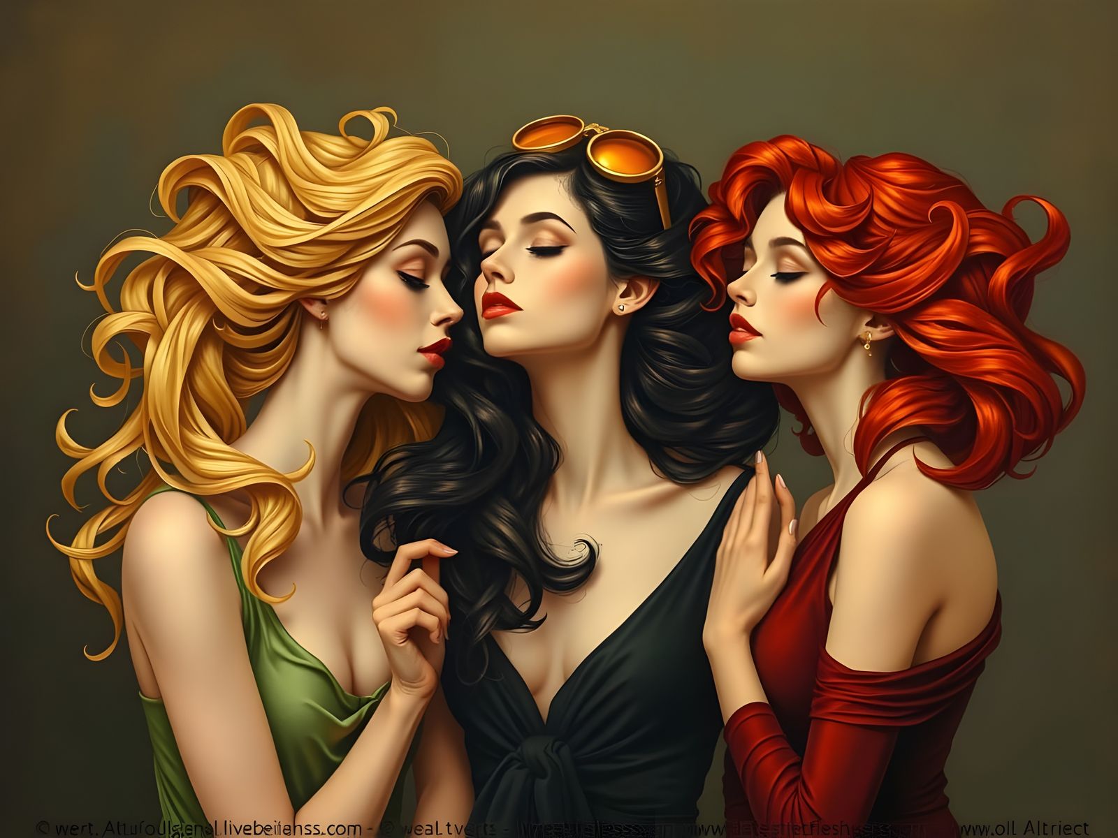 Three Elegant Women in Art Nouveau Style Surrealism