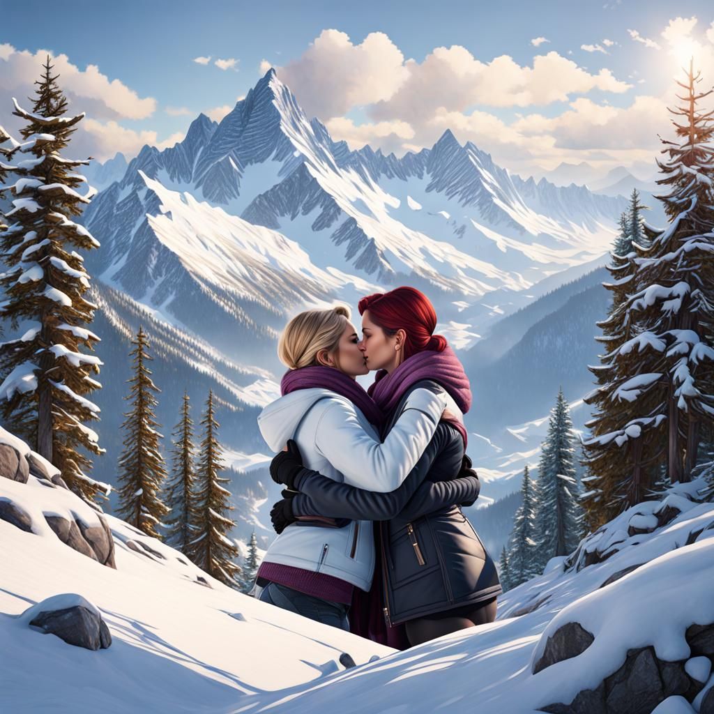 Lesbians Kissing in Winter Mountain Landscape