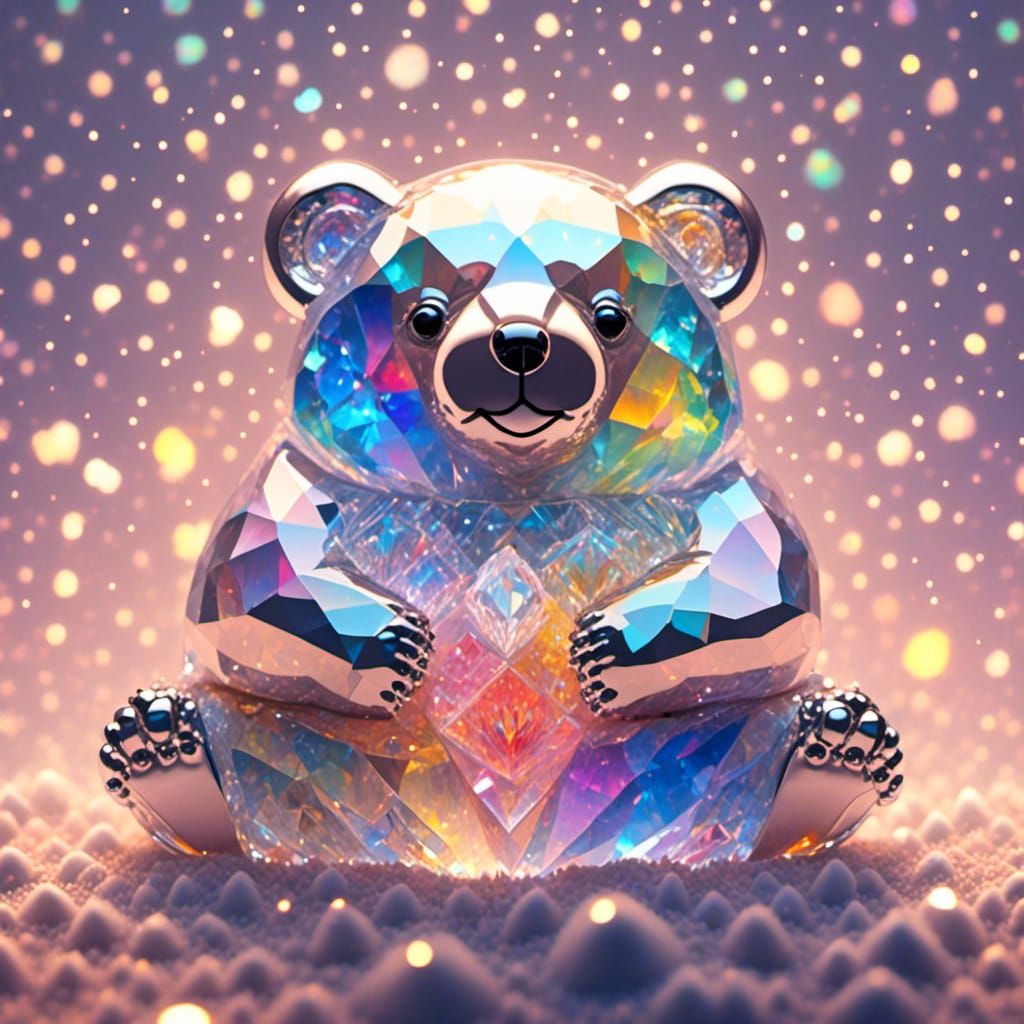 Crystal Bear with Rainbow Light on Opalescent Sand