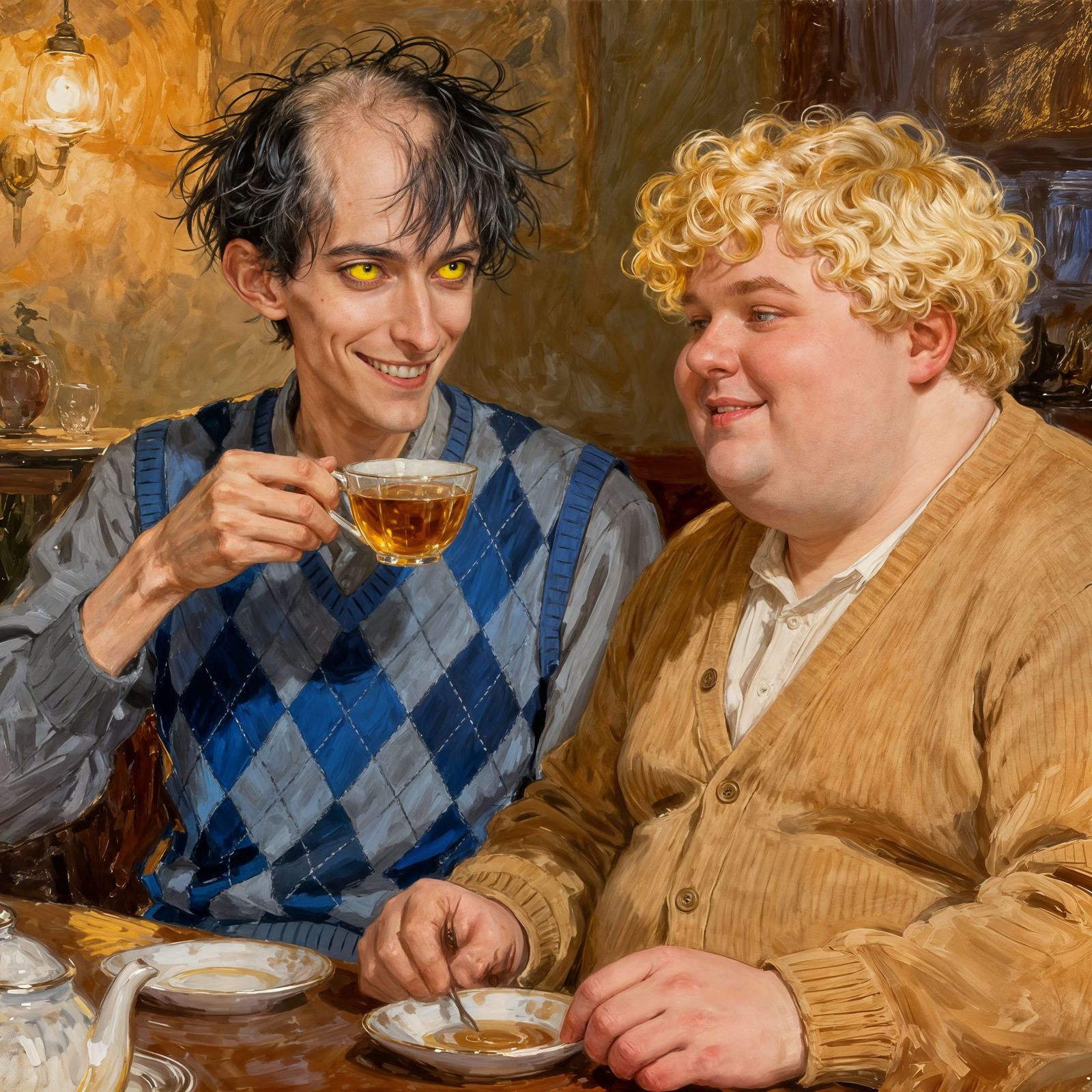 Two Men Enjoying Tea, Refined Oil Painting