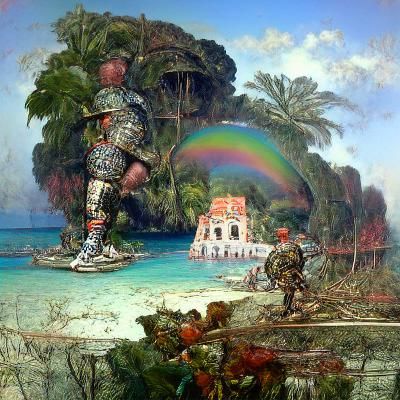 Roman Gladiator on Rainbow Island as Classical Painting