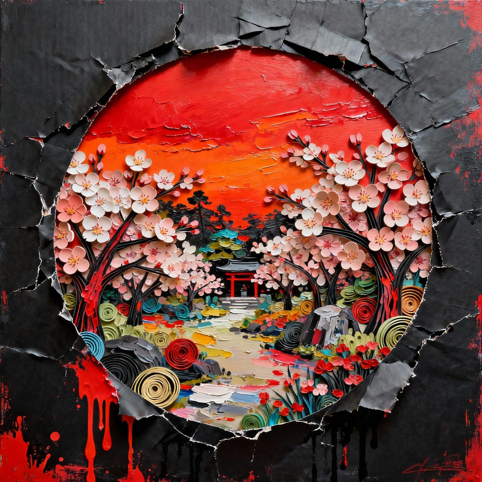 Enchanting Cherry Blossom Garden in Digital Oil Painting