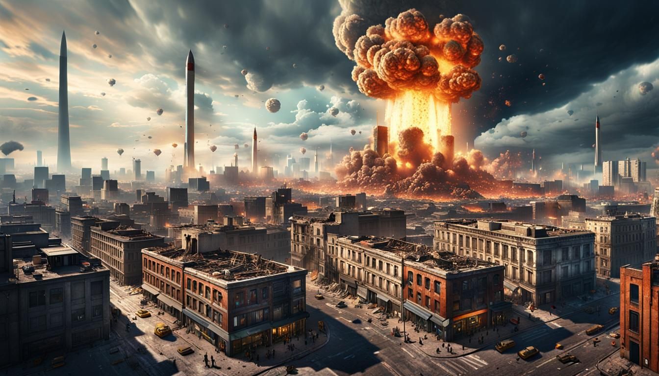 Cityscape Destroyed by Nuclear Blast in 1960s Style