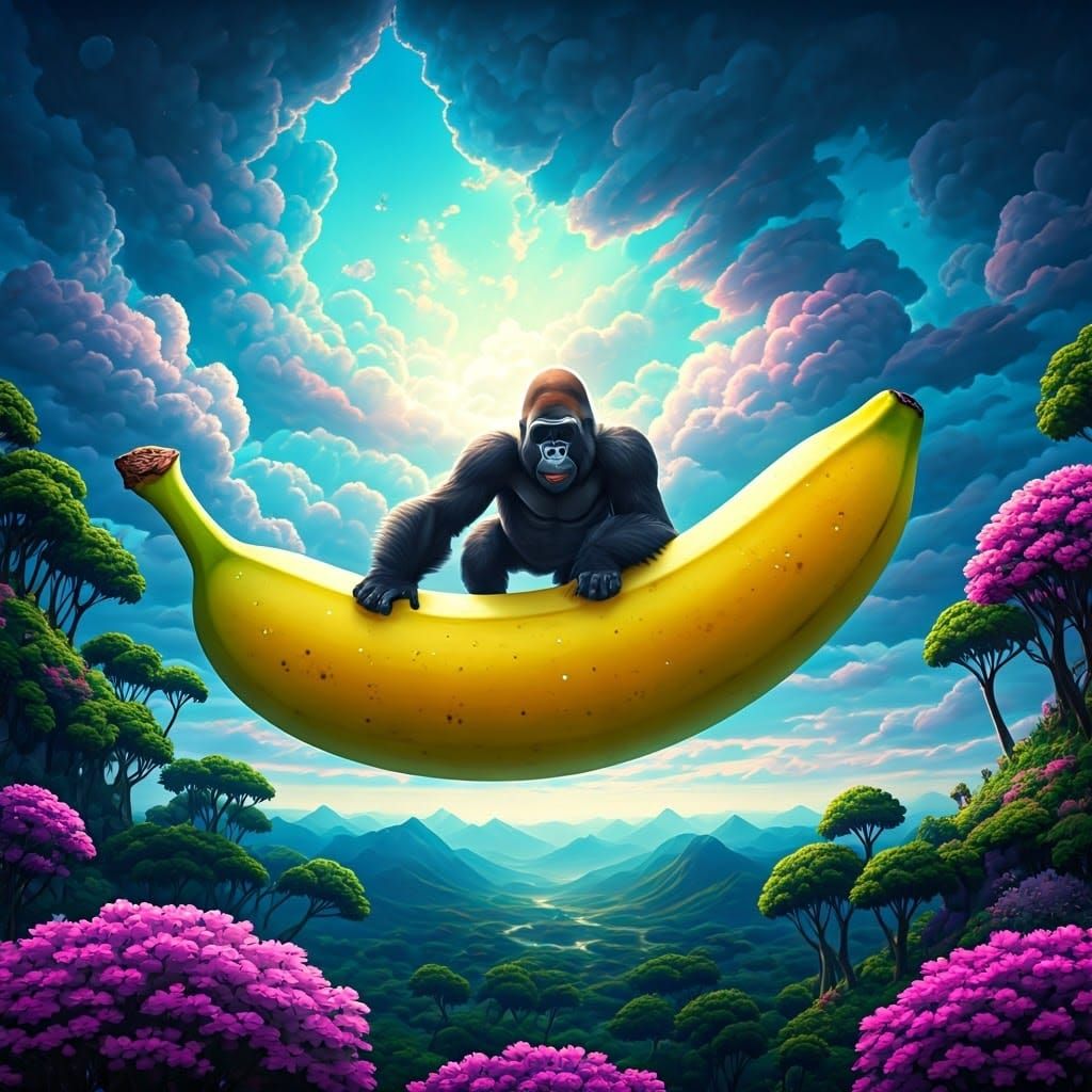 Joyful Gorilla Soaring on Giant Banana