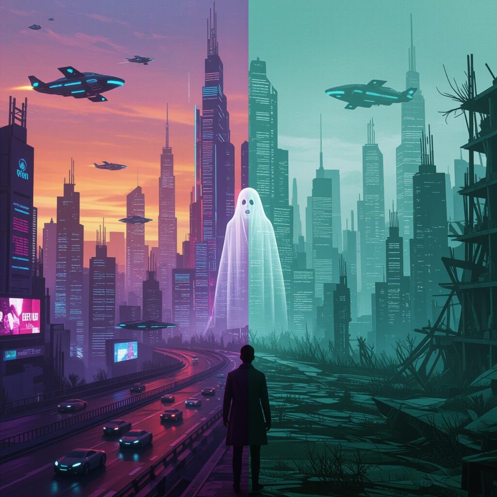 Cyberpunk Meets Post-Apocalyptic Ruins: A Stark Contrast