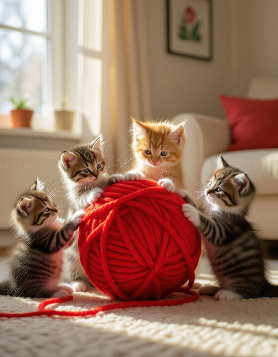 Cute Kittens Play With Giant Yarn Ball